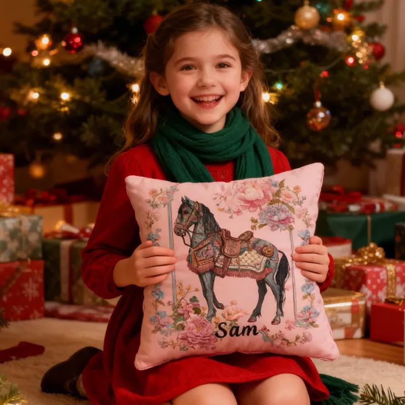 Personalized Riding Floral Horse Pillow Floral Horse Custom Name Festive Flower Decor with French Countryside Gifts for Family Graphic 3D Print Riding Lovers