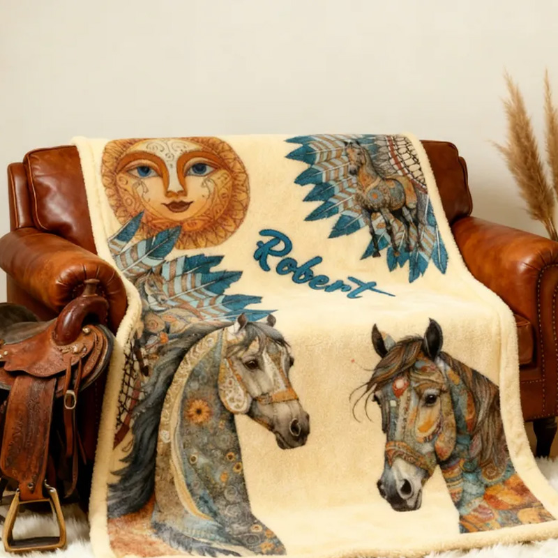 Personalized Riding Feather Sun Blanket Flower Horse Custom Name Festive Flower Decor with French Countryside Gifts Family Blanket for Riding Lovers Equestrian Lovers