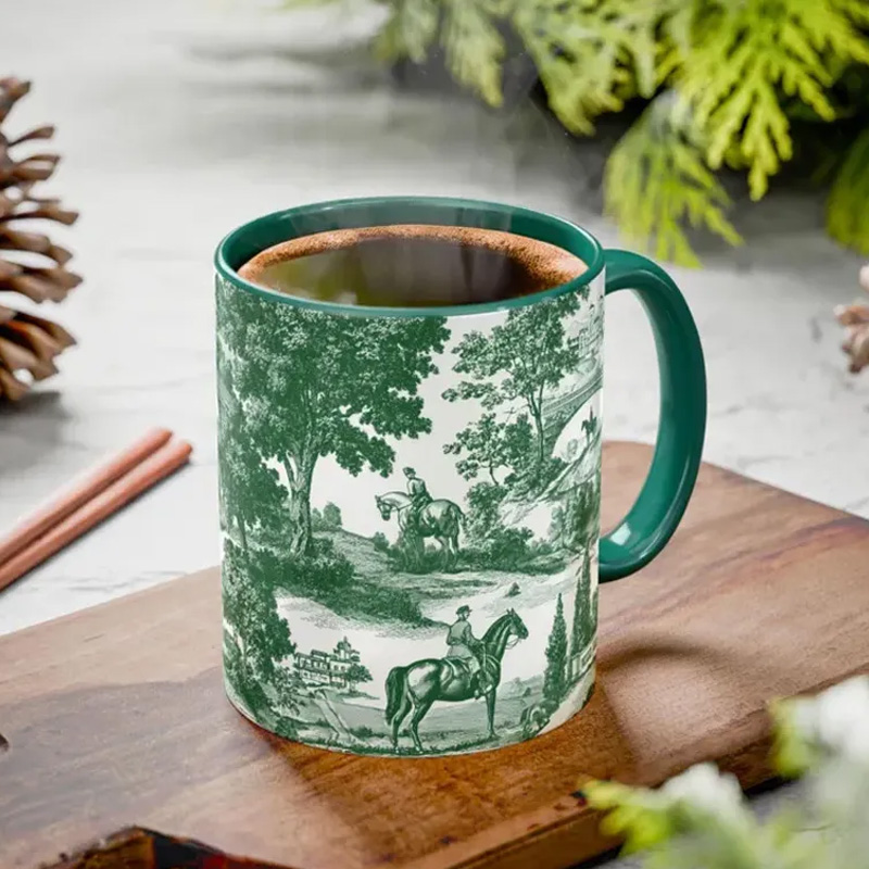 Personalized Riding Mug Green Toile Equestrian Mug Horse Lovers French Toile de Jouy Coffee Cup Gift for Coffee Cup Bicycle Tea Cup Riding Ceramic Mug Gift for Riding Lovers Equestrian Lovers