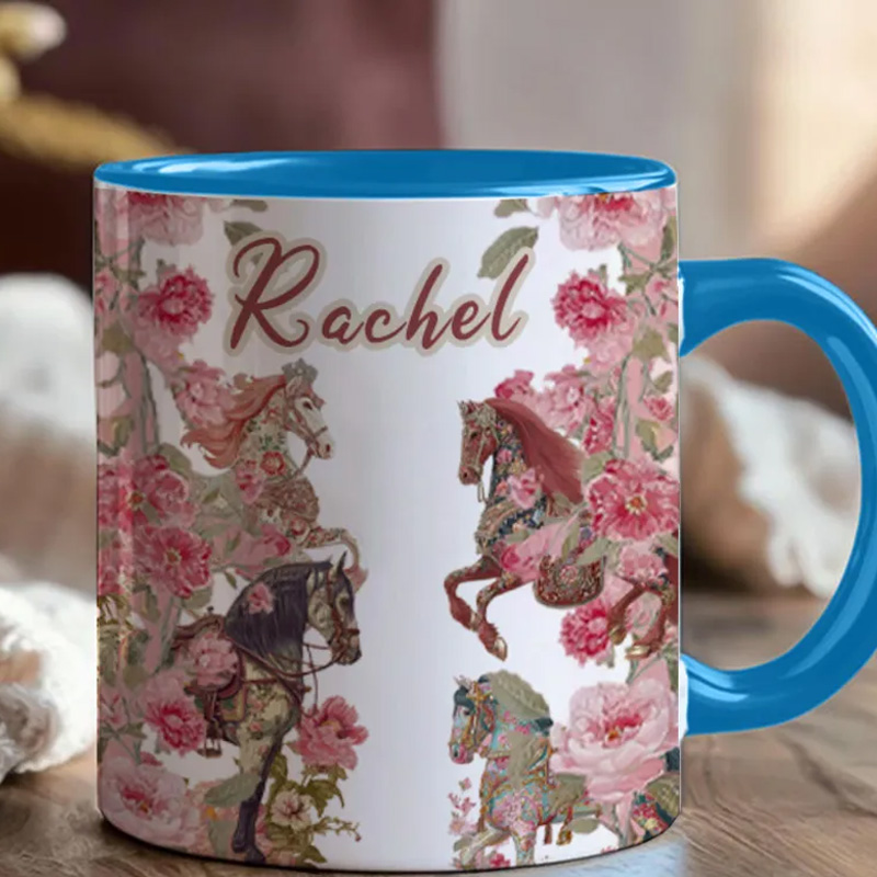 Personalized Riding Mug Floal Mug Horse Lovers French Toile de Jouy Coffee Cup Gift for Coffee Cup Bicycle Tea Cup Riding Ceramic Flower Mug Gift for Riding Lovers Equestrian Lovers