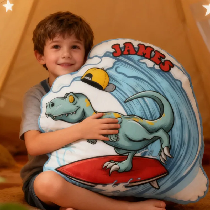 Personalized Suring Dino Pillow Rainbow Throw Pillow Graphic 3D Print Surfing Skateboarding Fitness Decoration Pillow Exercise Sport Pillow for Kids Surfing Skateboarding Lovers
