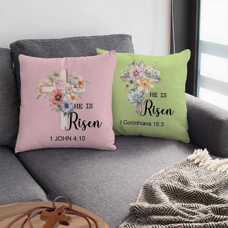 Personalized He Is Risen Bible Verse Birth Flowers Soft Throw Pillow Home Decor Religious Pillow Birthday Gift Easter Gift for Women Christians