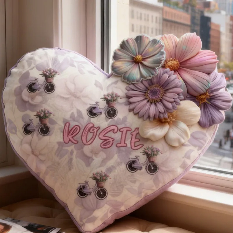 Personalized Floral Heart Bike Pillow Custom Name Festive Decor with Bicycle Flower Christmas Gifts for Family Graphic 3D Print Cycling Riding Lovers