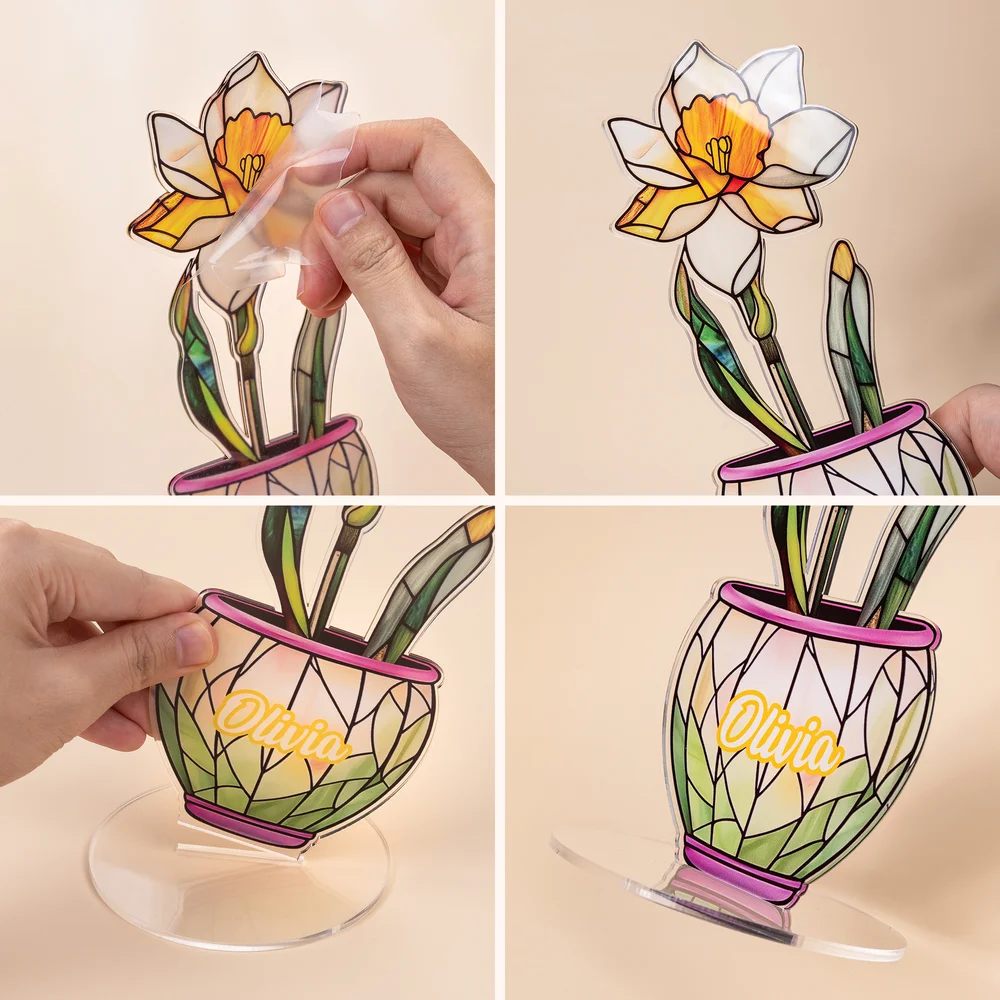 Personalized Faux Stained Glass Birth Flower Pot Acrylic Plaque with Name Home Decor Anniversary Birthday Gift for Friends Kids