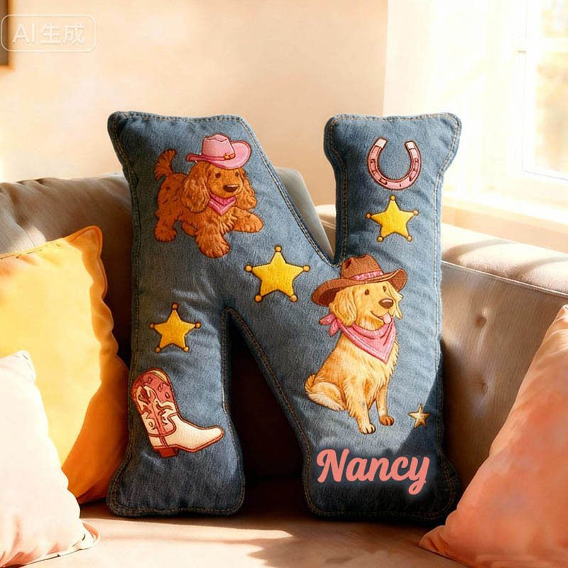 Personalized Dog Lover Cowboy Star Dog Letter Pillow with Custom Name Graphic 3D Print