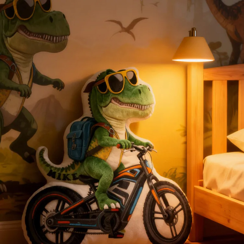 Personalized Dino Rider Bike Pillow Cozy Graphic 3D Print Cool Racing Biker Dino Pillow Name Pillow Comfortable Travel Cushion for Kids Boys Riding Lovers
