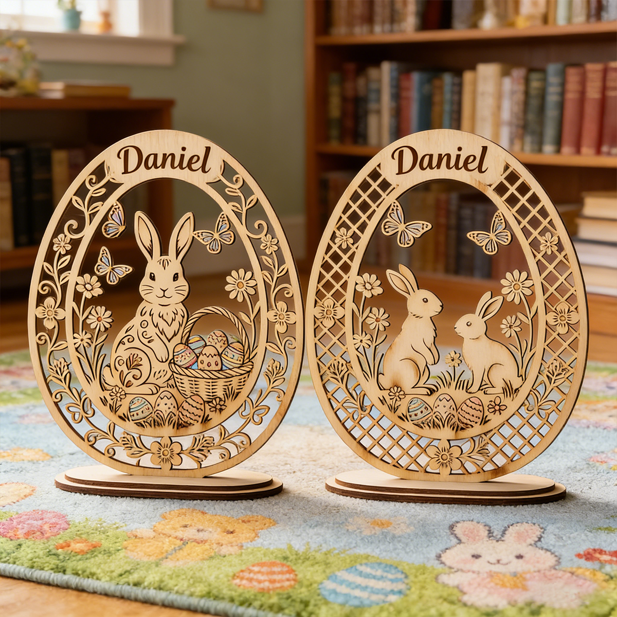 Personalized Custom Name 2PCS Unfinished Wooden Easter Egg Cutouts with Bunny, DIY Easter Tabletop Decor Blanks