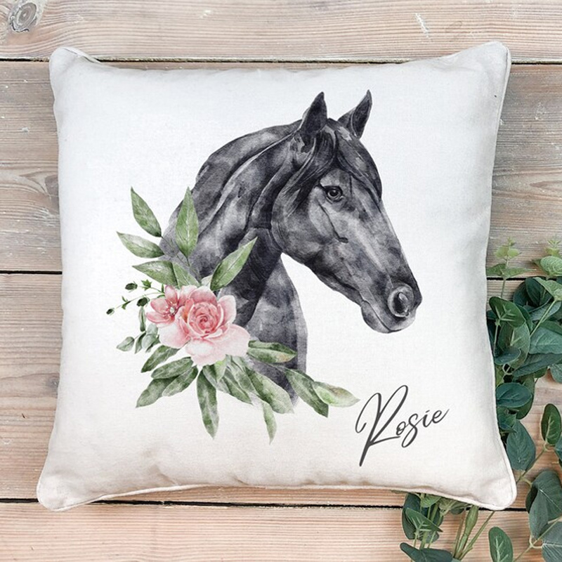 Personalized Floral Horse Cushion Throw Pillow Cover Plaid Horse Accent Pillow Farmhouse Decor for Riding Lovers Equestrian Lovers