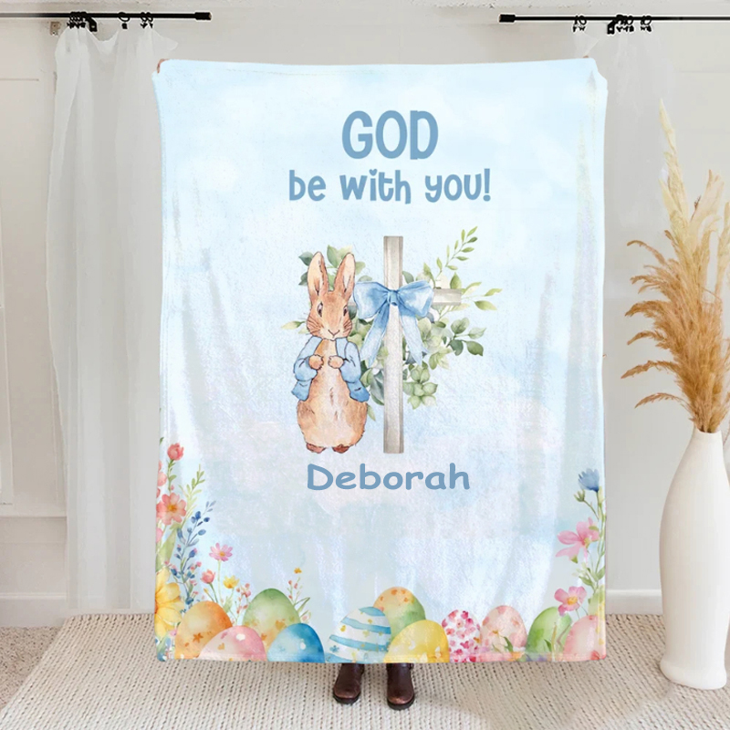 Personalized God Be with You Floral Easter Eggs Bow Cross Rabbit Soft Throw Blanket with Name Home Decor Easter Gift for Christians