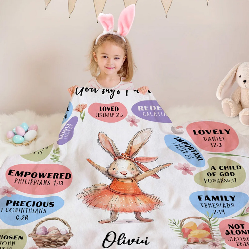 Personalized God Says I Am Dream Job Bunny Soft Throw Blanket with Name Home Decor Birthday Gift Easter Gift for Kids 