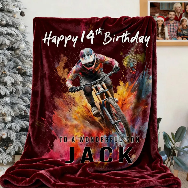 Personalized Colorful Mountain Biking Blanket Birthday Custom Mountain Biker Gift Soft Throw Blanket Mountain Bike Decor Bike Racing Birthday Cycling Gifts