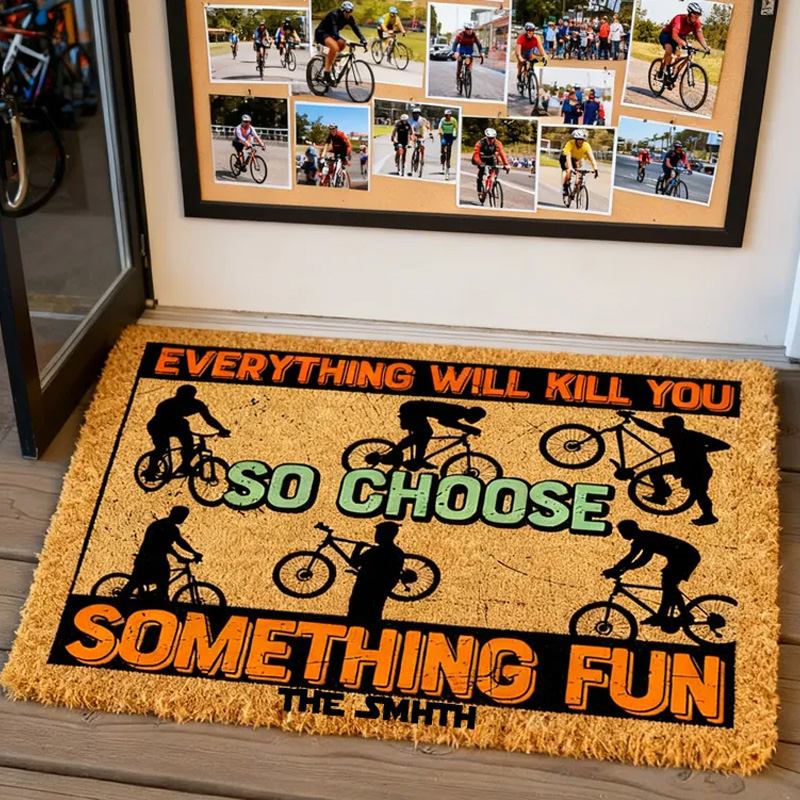 Personalized Cycling Adventure Doormat Mat Welcome Mat Road MTB Theme Design Custom Coir Doormat for Racer Biker Rider Cycling Riding Lovers