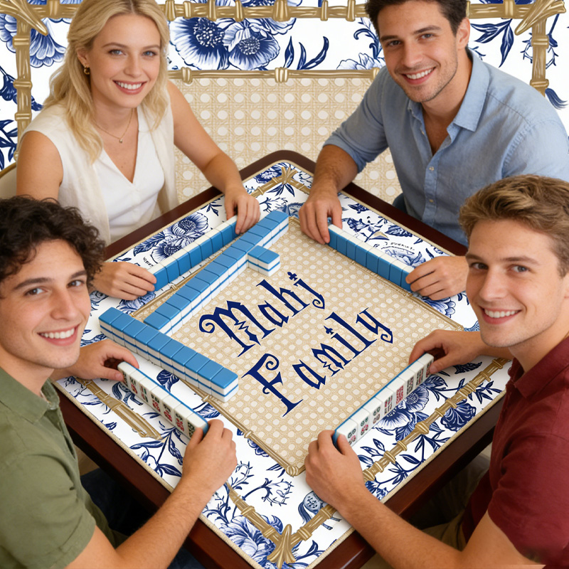 Personalized Mahjong Blue White Porcelain Horse Mahjong Mat Custom Text Gift Neoprene Game Surface Travel Portable Playing for Equestrian Lovers