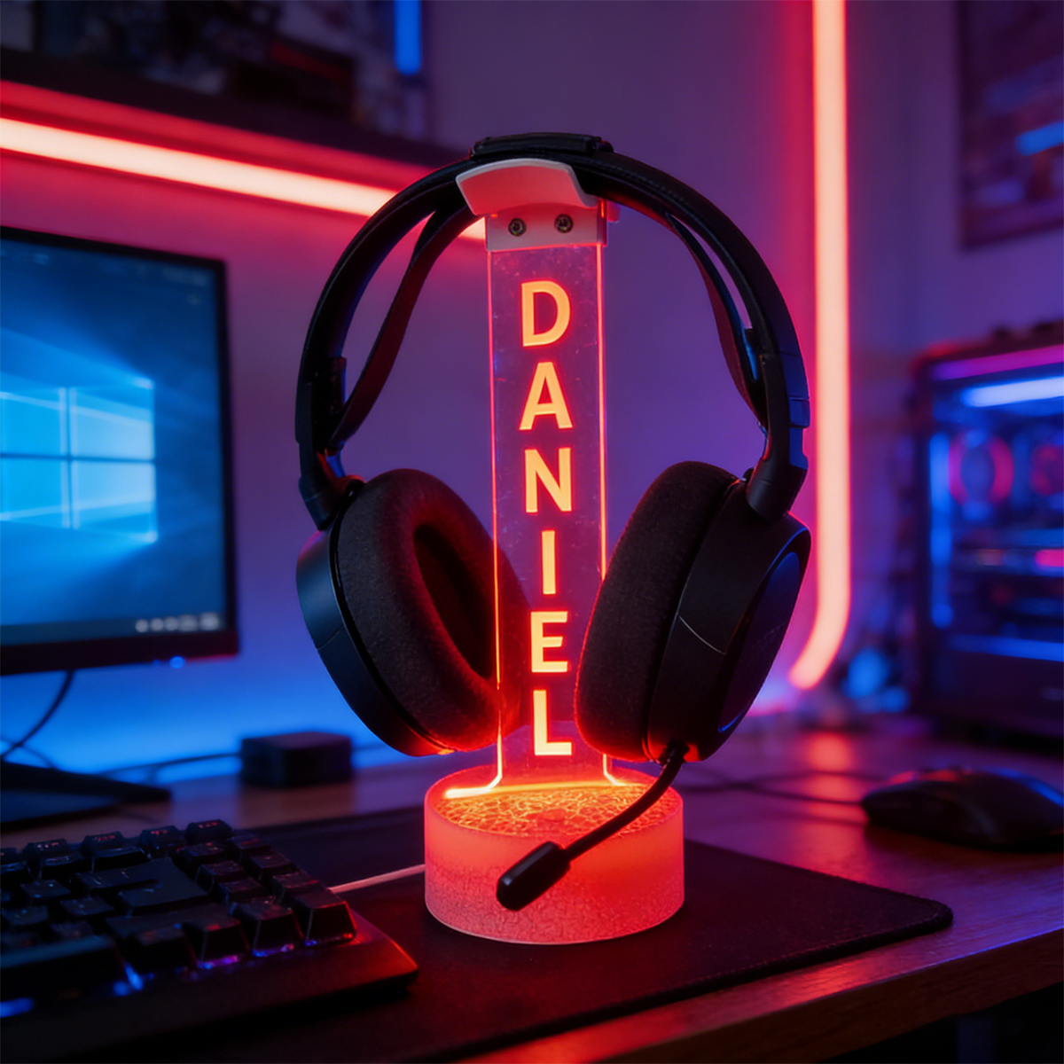 Personalized LED Acrylic Headphone Stand –16 Color Custom Name Gaming Headset Holder
