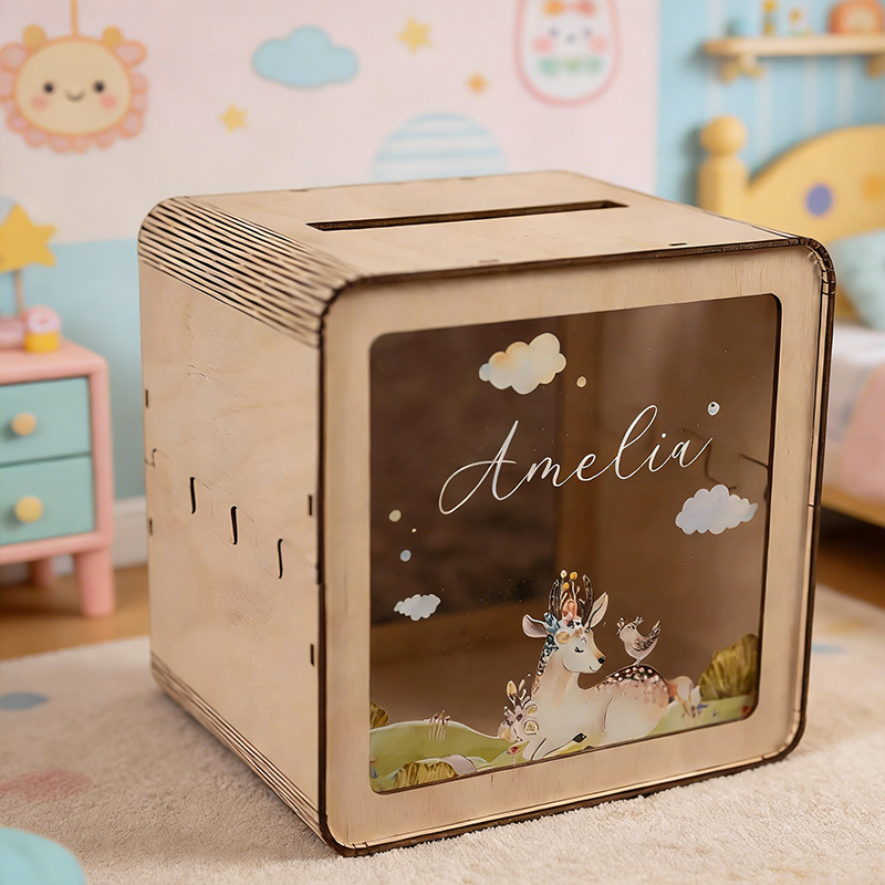 Personalized Wooden Piggy Bank Acrylic Glass Coin Bank Custom Name Gift for kids