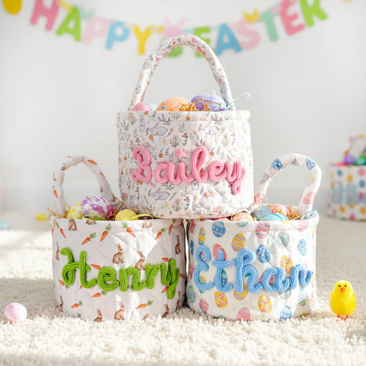 Personalized Quilted Easter Basket – Custom Name Embroidered Kids Egg Hunt Tote (4 Designs)