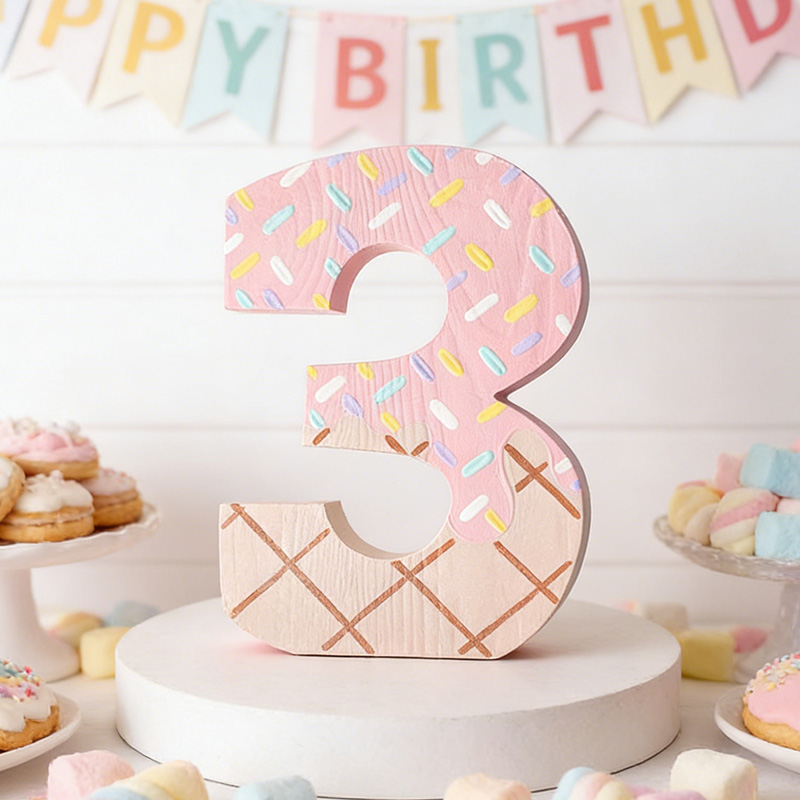 Ice Cream Number 3 Pink Sprinkles Personalized Wooden Birthday Decor