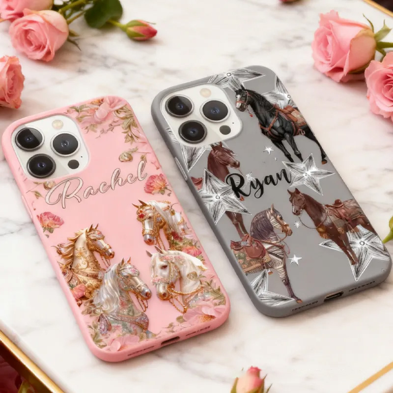 Personalized Couple Phone Case Phone Cases with French Countryside Gifts Floral Design and Custom Name for Riding Lovers Equestrian Lovers Unique Style Phone Cases