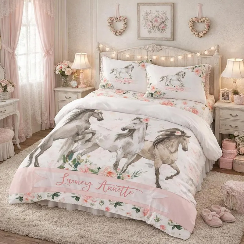 Personalized Horses Duvet Cover Farmhouse Floral Bedding Gift for Equestrian Lovers