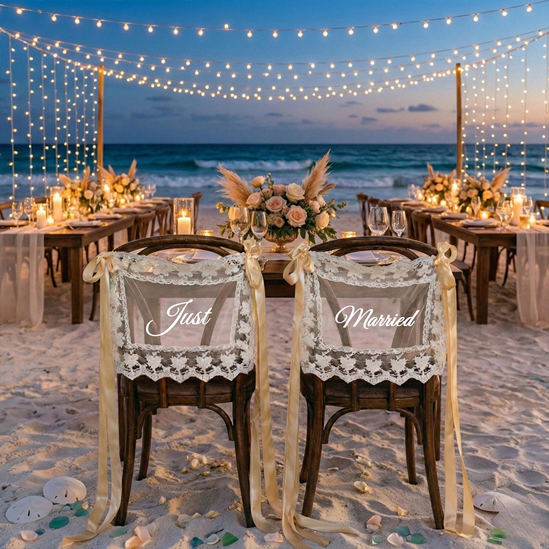Personalized Wedding Chair Banner Just Married Sign Sheer Sweetheart Table Decor for Bride and Groom