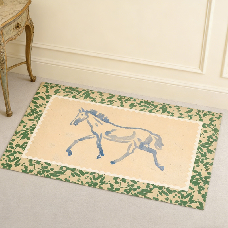 Personalized Vintage Rugs Riding Horse Art Doormat Floral Horse Decor French Countryside Gifts Doormat for Family for Equestrian Lovers