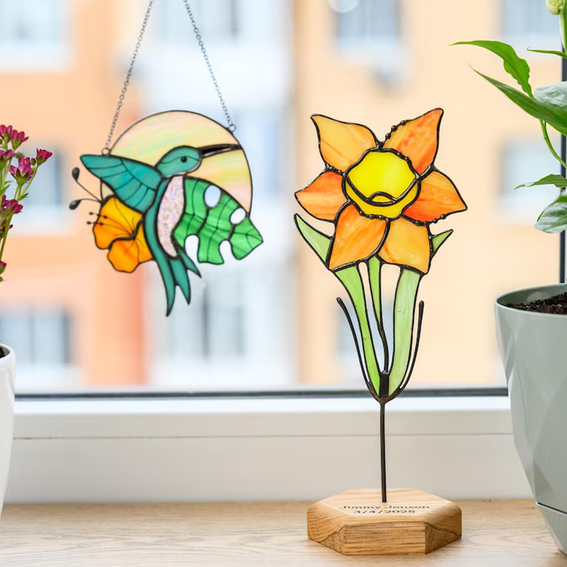 Personalized Stained Glass Birth Flower Plant with Stake Custom Birthday Suncatcher Gift for Mom Grandma Mother's Day Gifts