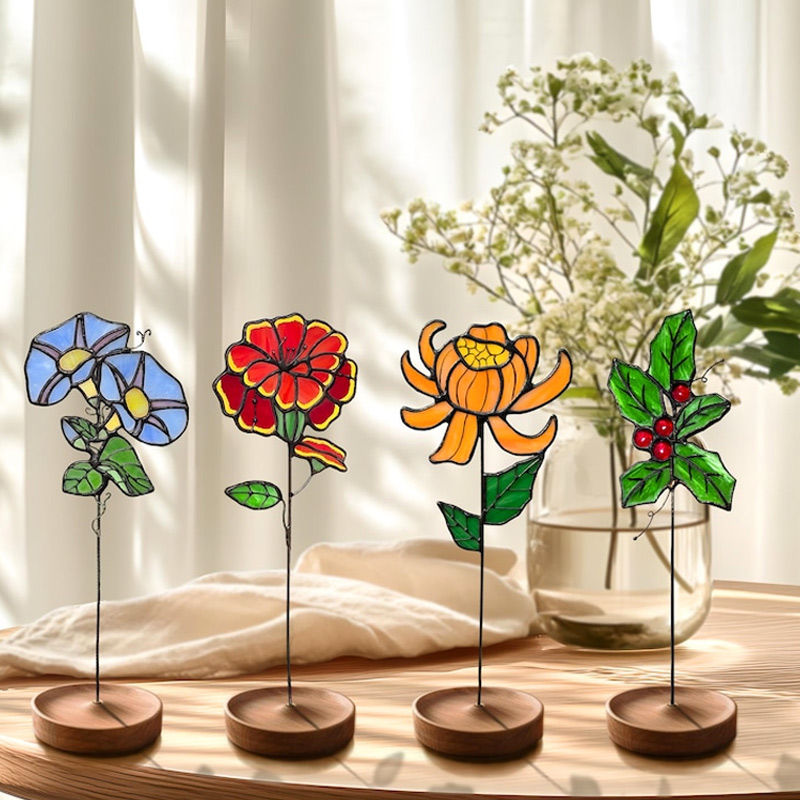 Personalized SStained Glass Birth Month Flower Birthday Suncatcher Custom Glass Flower Plant Stake Home Decor Gift for Her Mom Grandma
