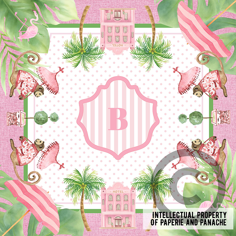 Personalized Lt Pink Palm Beach Inspired Mahjong Mat Personalized Tropical Preppy Game Table Mat Luxury Gift For Mahjong Players Pink and Green Mat for