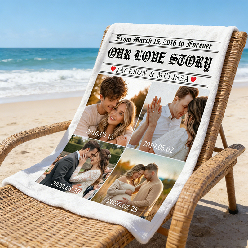 Personalized Couple Love Story Poster Design Photo Blanket with Time and Name Newlywed Wedding Newspaper Blanket Anniversary Gift for Husband
