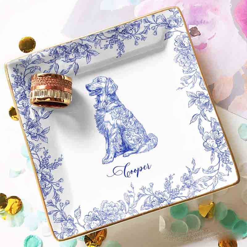 Personalized Dog Lover Chinoiserie Toile De Jouy Style Ring Dishes