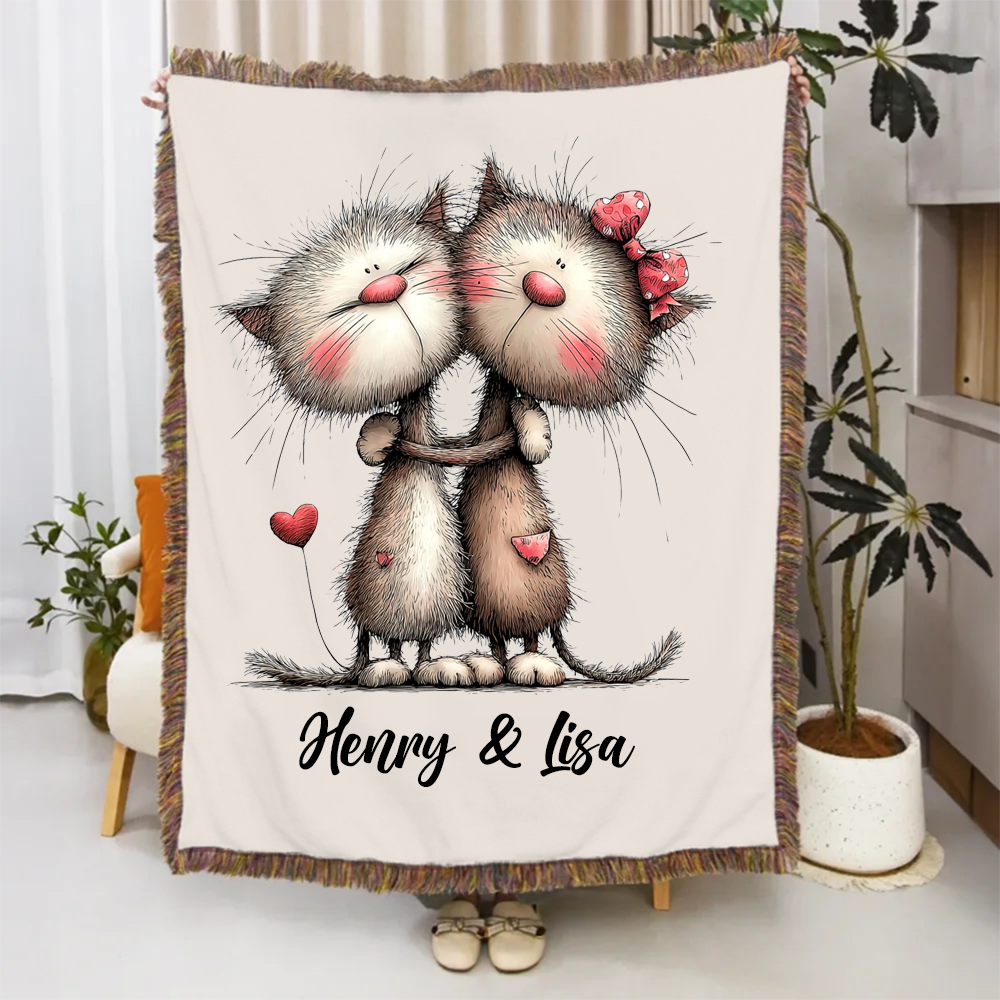 Personalized Couple Cartoon Blanket Penguin Rabbit Cat Hignland Cow Blanket For Newlywed Valentine's Gift For Couple