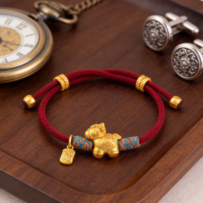 Personalized Lucky Chinese Zodiac Themed Woven Red Bracelet Gold Plated Horse Shaped Pendant for Equestrain Lovers