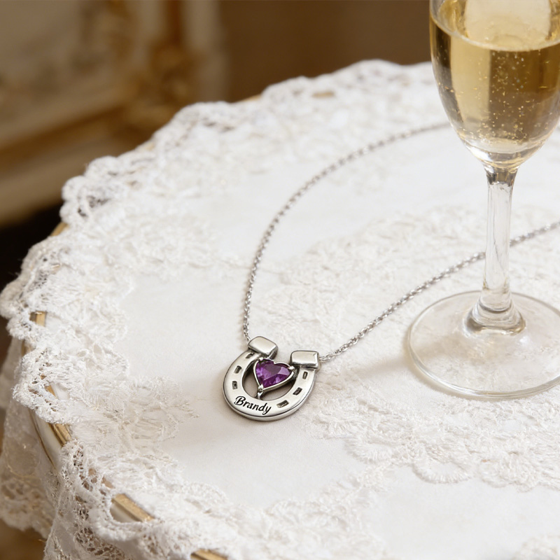 Personalized Birthstone Horseshoe Name Necklace Equine Necklace Elegant Silver Memorial Gift for Equestrain Lovers