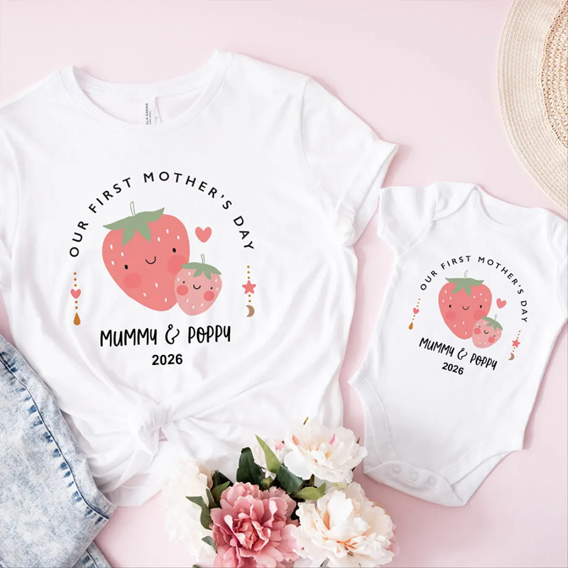 Personalized Little Fruit Matching Our First Mother's Day T-shirt Funny Mummy and Baby Gift Mama and Me tee Baby bodysuit