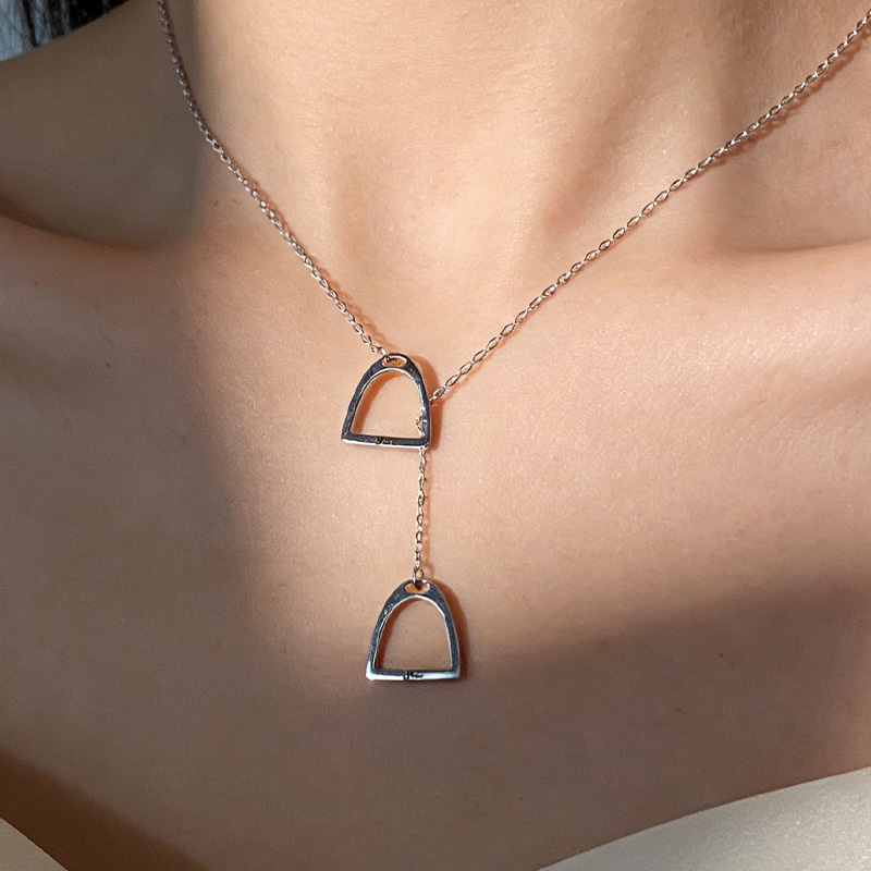 Personalized Horseshoe Name Silver Double Stirrup Necklace Lariat Stirrup Necklace Gift for Equestrain Lovers