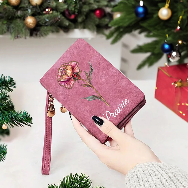 Personalized Vintage Birth Flower Birthstone Portable PU Leather Wallet with Name and Wristlet Birthday Gift for Women Girls
