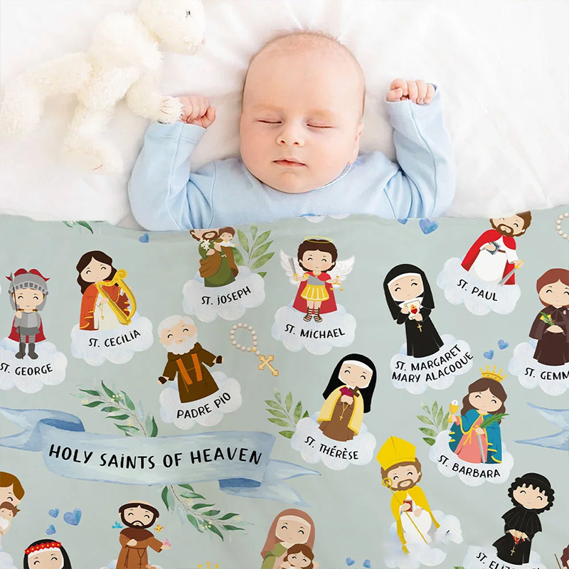 Personalized Holy Saints of Heaven Cartoon Soft Blanket with Name Religion Home Decor Prayer Gift for Kids Catholics