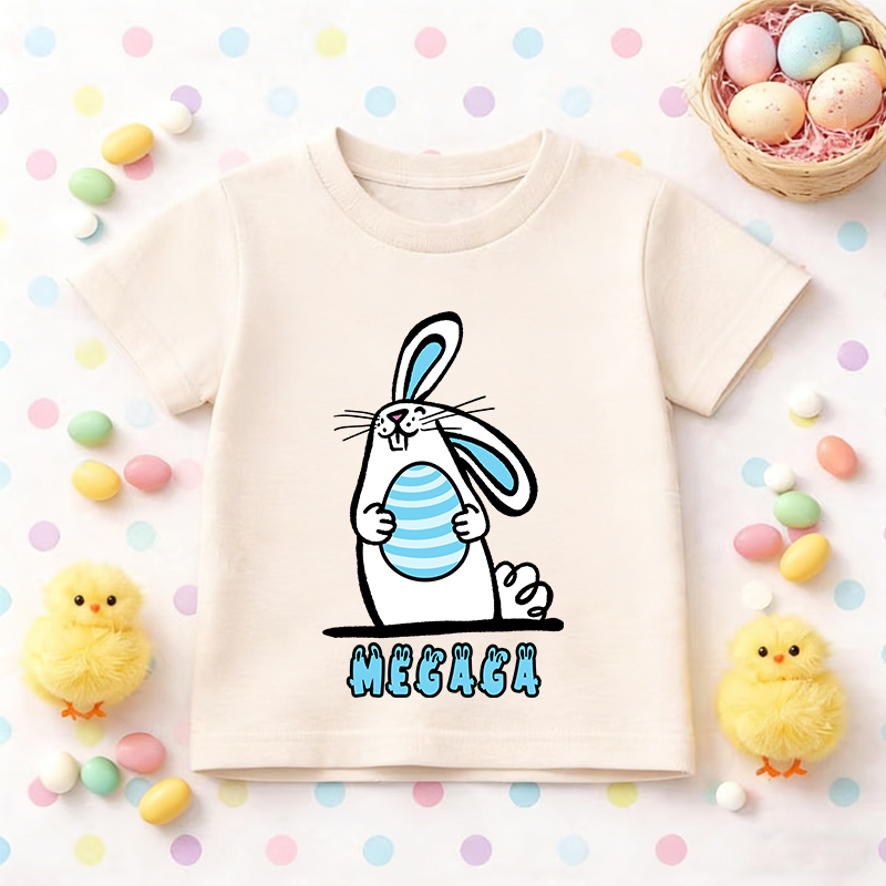 Personalized Easter Bunny Kids T-Shirt – Cute Cartoon Rabbit Holding Egg Graphic Tee, Easter Gift for Girls & Boys