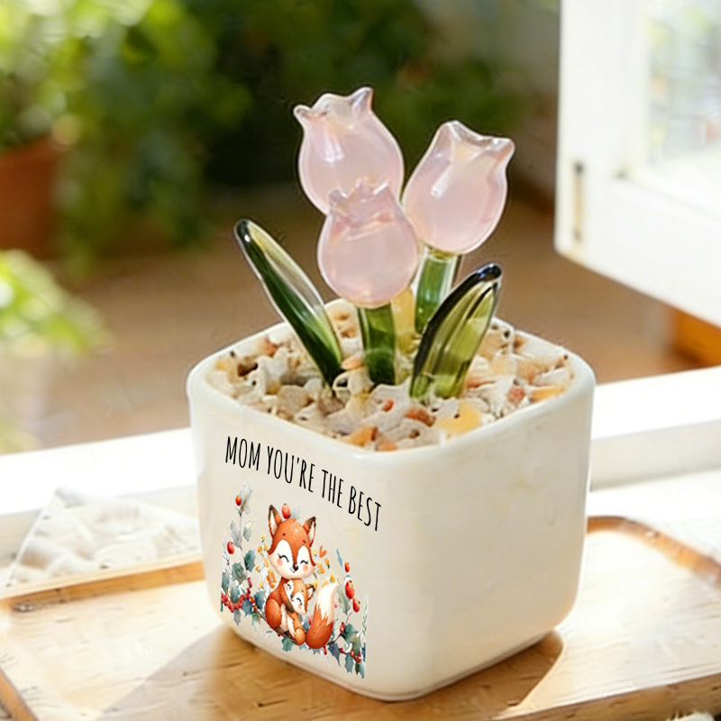 Personalized Glass Everlasting Tulips Mom Flower Gifts with Birth Month Floral Custom Hand Blown Glass Potted Mothers Day Gifts
