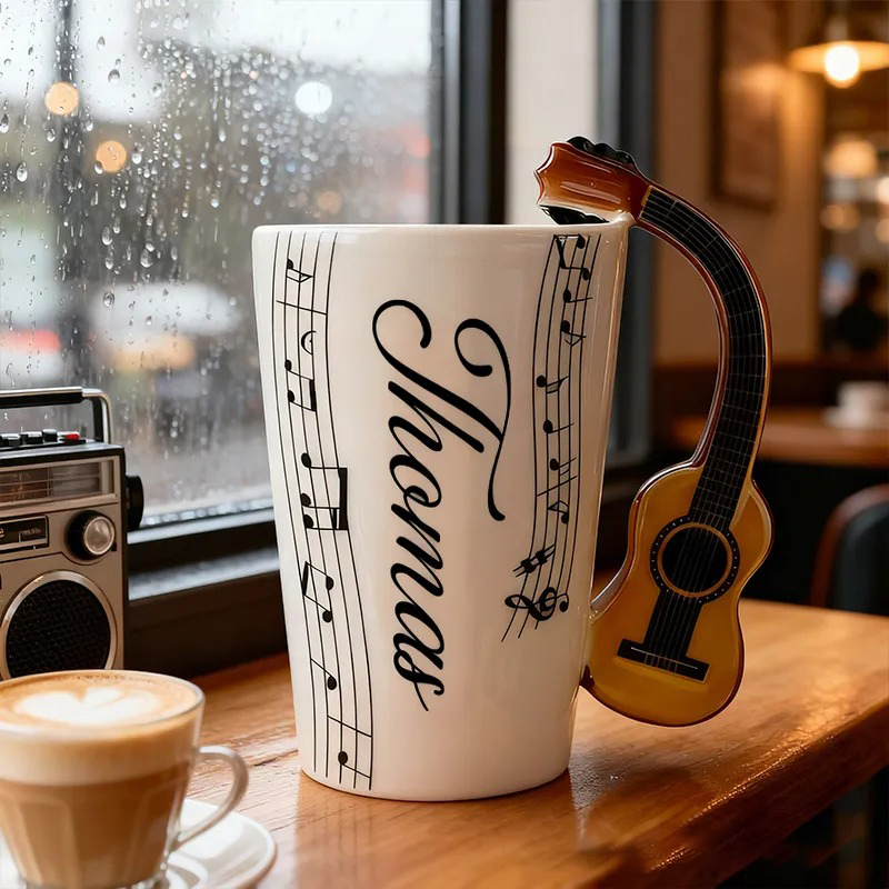 Personalized Custom Acoustic Guitar Handle Mug, Personalized Name Ceramic Coffee Cup with Musical Notes, Folk Music Lover Gift