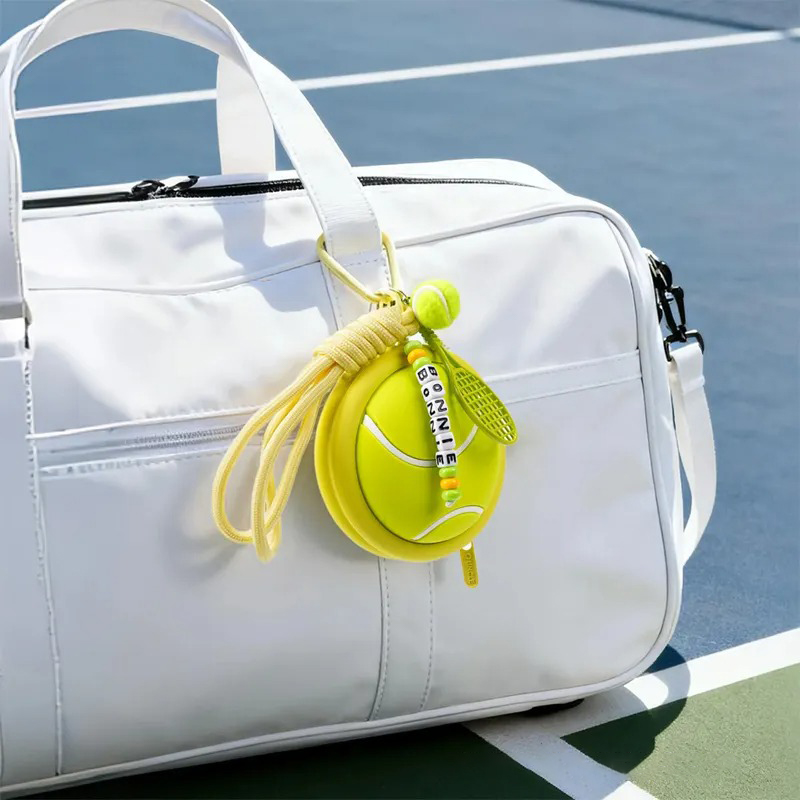 Personalized name keychain with beads, tennis ball charms, racket and ball charms, waterproof silicone storage pouch for headphones, gift for tennis lovers