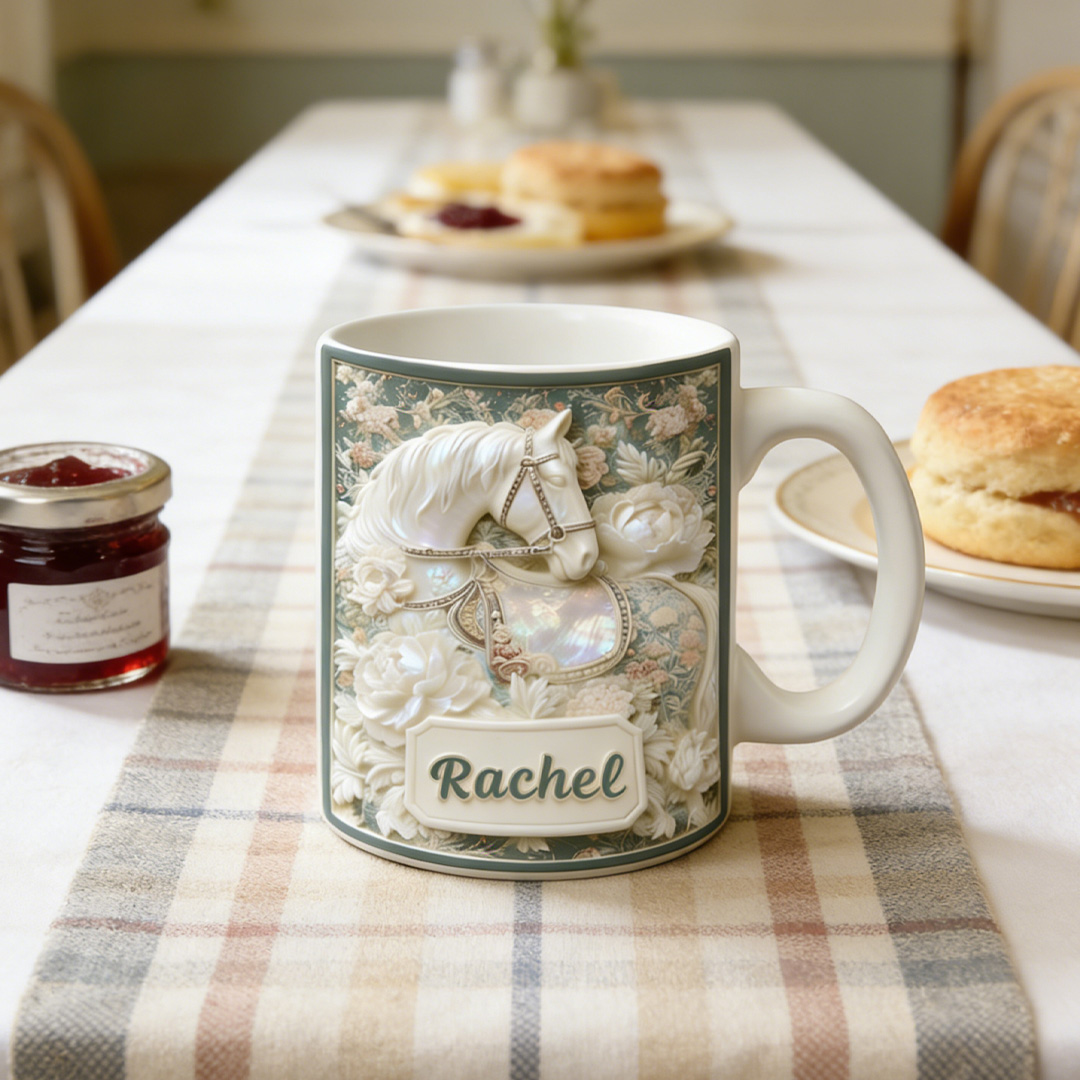 Personalized Horse Shell Pearl Floral Mug Ceramic 3D Graphic Patterns Cup Gift for Horse Riding Equestrian Lovers