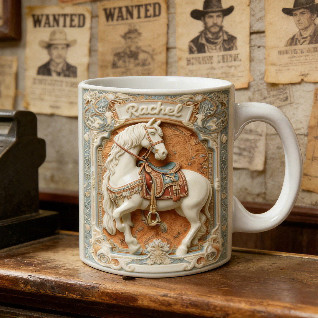 Personalized Western Cowboy Horse Mug Ceramic 3D Graphic Patterns Cup Gift for Horse Riding Equestrian Lovers