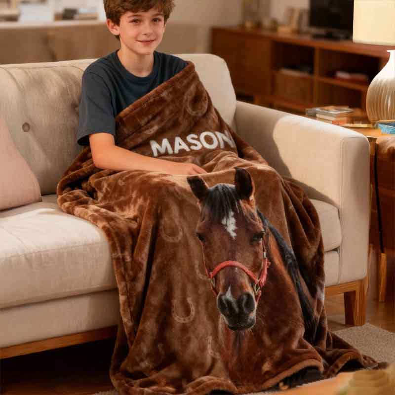 Personalized Horse Lover Painted Horse Photo Horseshoe Print Multicolor Soft Throw Blanket