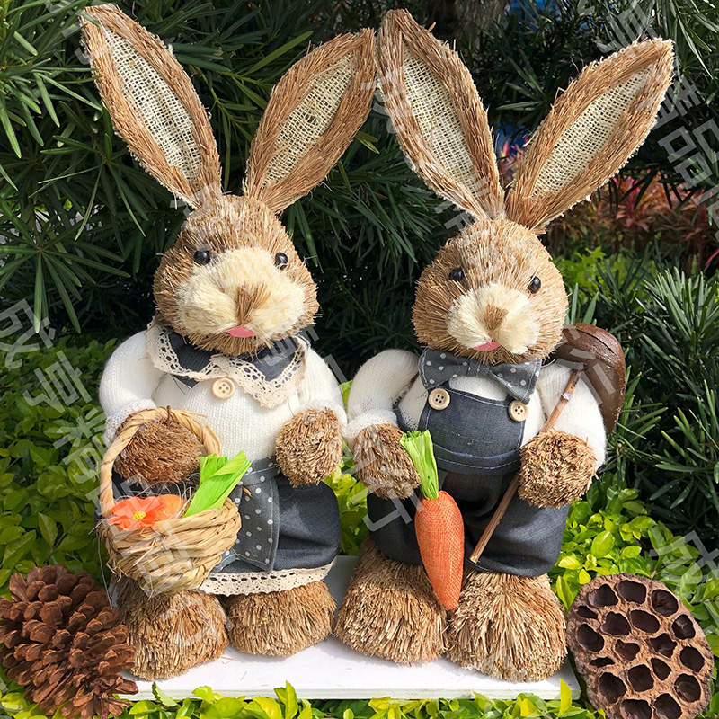 Decorative Straw Rabbits 35cm | Easter Bunny Figurines | Cute Easter Table Decorations
