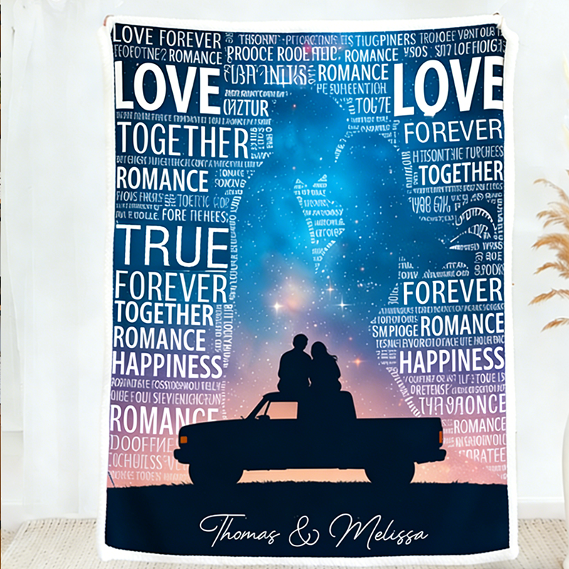 Personalized Couple Cloud Word Starry Sky Silhouette Blanket Valentine's Day Gift for Couple Cloud Word Blanket Love Story Blanket For Her