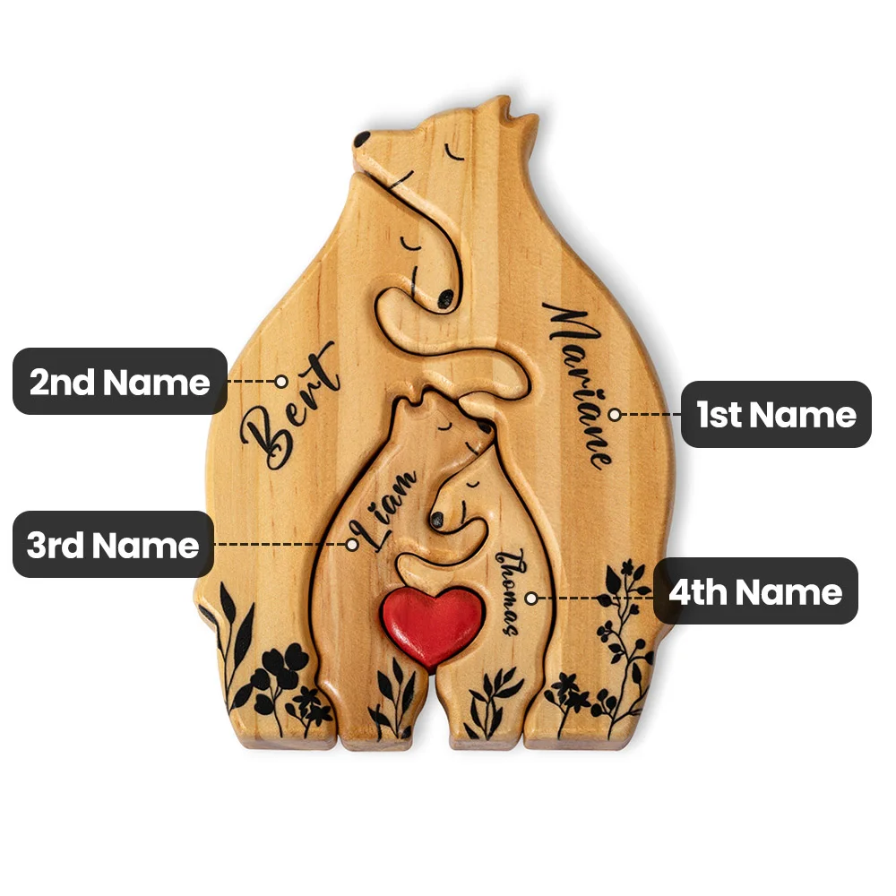 Personalized Wooden Bear Family Puzzle with 2-6 Names and Red Heart Desk Decoration Birthday Mother's Day Gift for Family