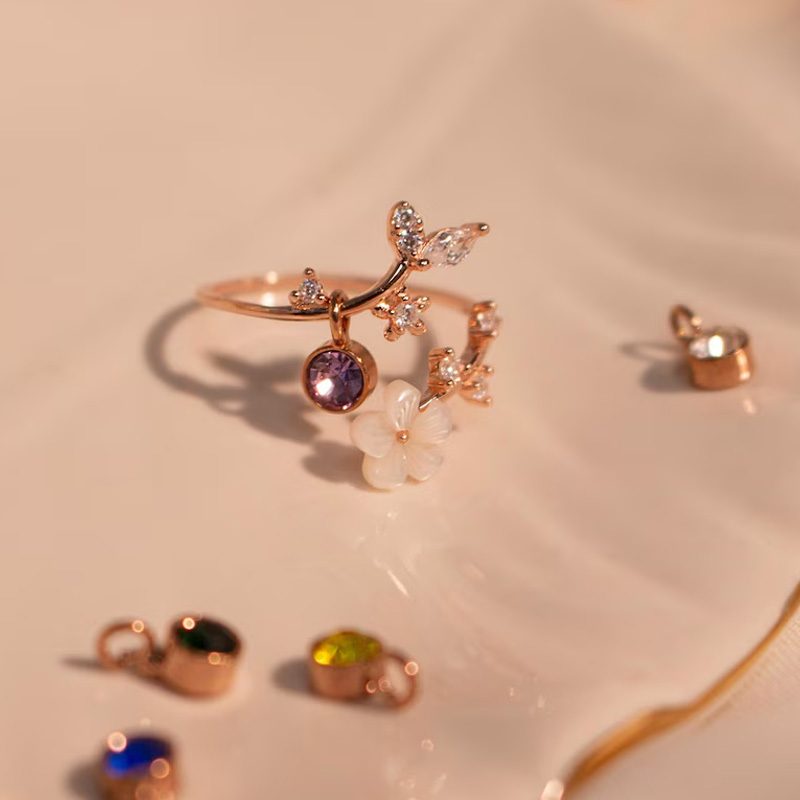 Personalized Birth Flower Ring Mother of Pearl Sakura Rings Adjustable Delicate Personalized Birthstone Gift Mather's Day Gift