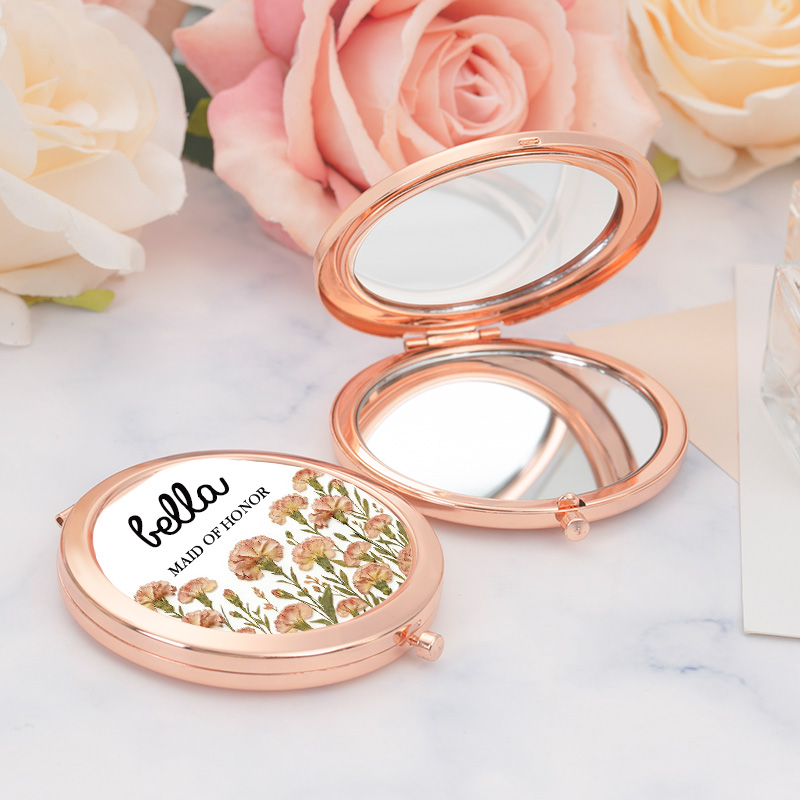 Personalized Bridesmaid Compact Mirror Dried Pressed Birth Floral Compact Mirror Custom Bride Name Compact Mirror Bachelorette Party Mirror Bridal Shower Gift for Her