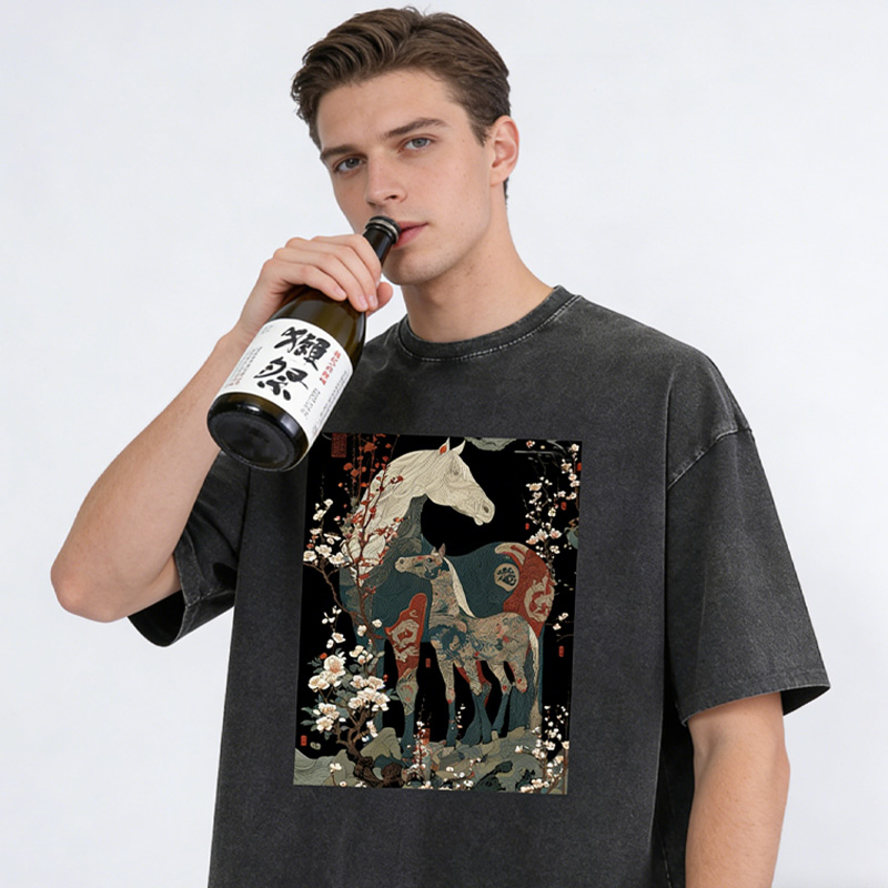 Japanese Ukiyo Horses Washed T-Shirts Gift Shirt for Riding Equestrain Lovers